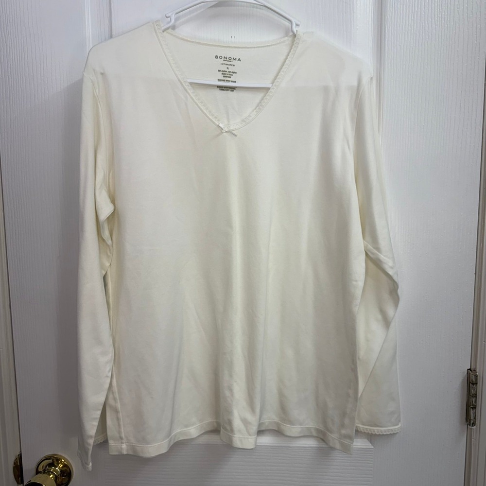 Sonoma Intimates cream lace trim long sleeve‎ cotton stretch soft pajama top XL